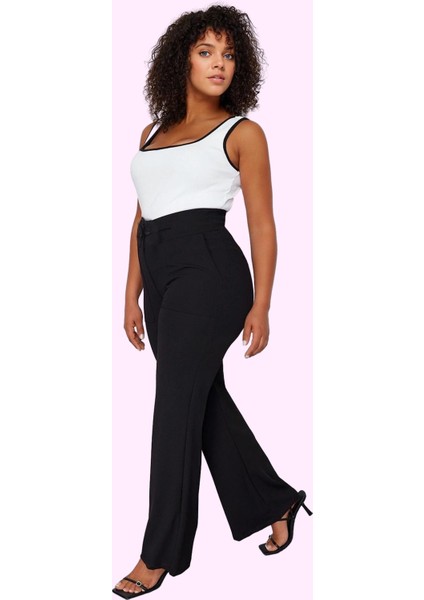 Kadın Yüksek Bel Flare Pantolon Krep Dokuma Düz Desen Regular Boy Yaz Aylarının Vazgeçilmezi fiyatları