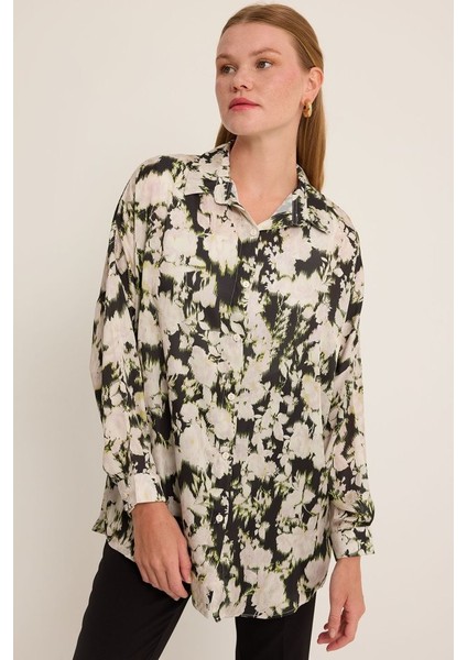 Yeşil Siyah Çiçek Desenli Oversize Saten Gömlek 3985 fiyatları