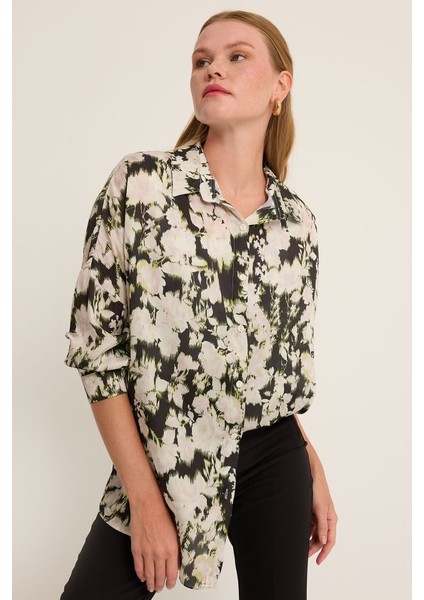 Yeşil Siyah Çiçek Desenli Oversize Saten Gömlek 3985 modelleri