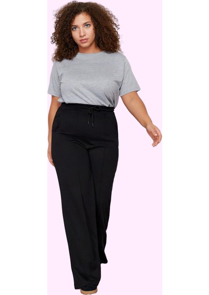 Kadın Yüksek Bel Geniş Paça Örme Pantolon Düz Desen Rahat Günlük Yaz Aylarının Vazgeçilmezi