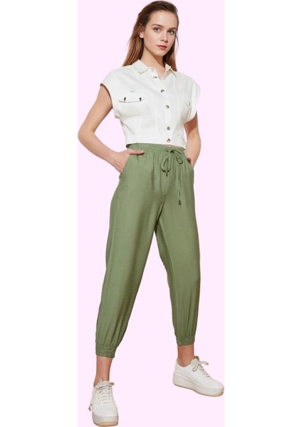 Kadın Yüksek Bel Jogger Pantolon Düz Desen Rahat Kalıp Yaz Aylarının Vazgeçilmezi Günlük Kullanım