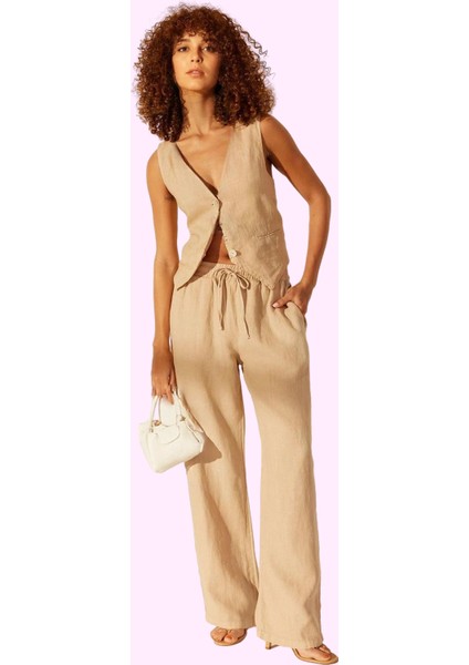 Kadın Yüksek Bel Geniş Paça Keten Pantolon Günlük Şıklık Hafta Sonu Yaz Aylarının Vazgeçilmezi