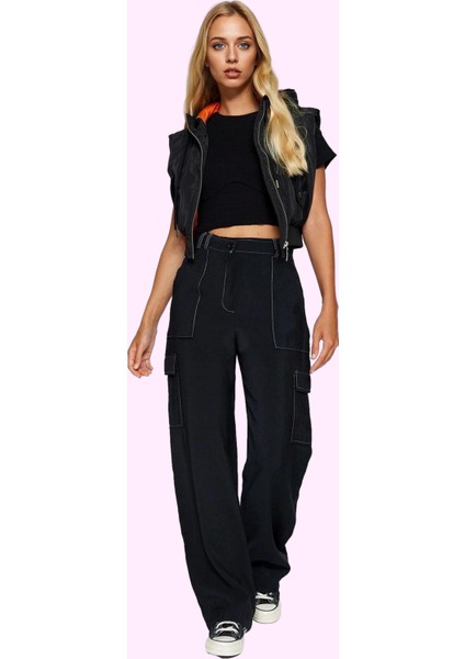 Kadın Yüksek Bel Geniş Paça Kargo Pantolon Düz Desenli Aerobin Dokuma Günlük Kullanım Hafta Sonu