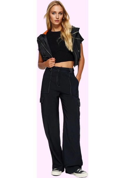 Kadın Yüksek Bel Geniş Paça Kargo Pantolon Düz Desenli Aerobin Dokuma Günlük Kullanım Hafta Sonu modelleri