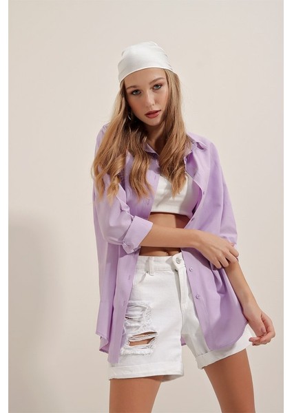 3900 Oversize Uzun Basic Gömlek - Lila