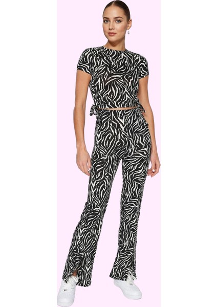 Kadın Yüksek Bel Flare Pantolon Zebra Desenli Yırtmaçlı Yazlık Günlük Yaz Aylarının Vazgeçilmezi fiyatları