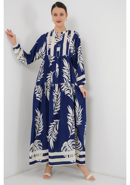 2423 Otantik Desenli Tesettür Elbise - Lacivert 3 fiyatları