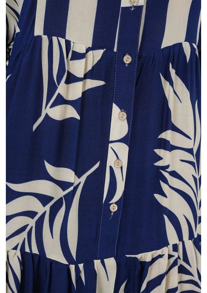 2423 Otantik Desenli Tesettür Elbise - Lacivert 3 fırsatları