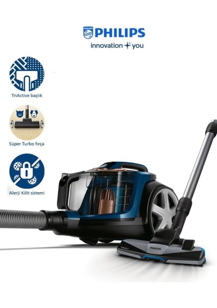 PHİLİPS Hepa 13 Filtre ve Triactive+ ve Halı Döver Turbo Başlık 7000 Serisi Powerpro Max Torbasız Süpürge