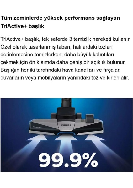 PHİLİPS Hepa 13 Filtre ve Triactive+ ve Halı Döver Turbo Başlık 7000 Serisi Powerpro Max Torbasız Süpürge