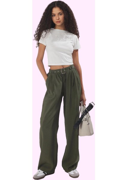 Kadın Geniş Paça Wide Leg Pantolon Kemerli Yazlık Günlük Kullanım Yaz Aylarının Vazgeçilmezi