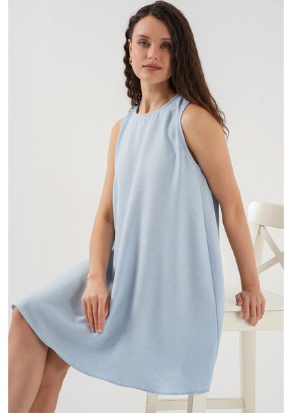 2444 Mini Keten Elbise - Açık Mavi modelleri