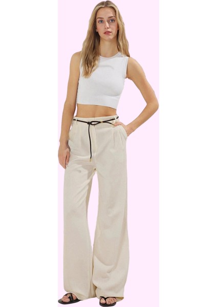 Kadın Geniş Paça Pantolon Yüksek Bel Wide Leg Finike Dokuma Yazlık Yaz Aylarının Vazgeçilmezi