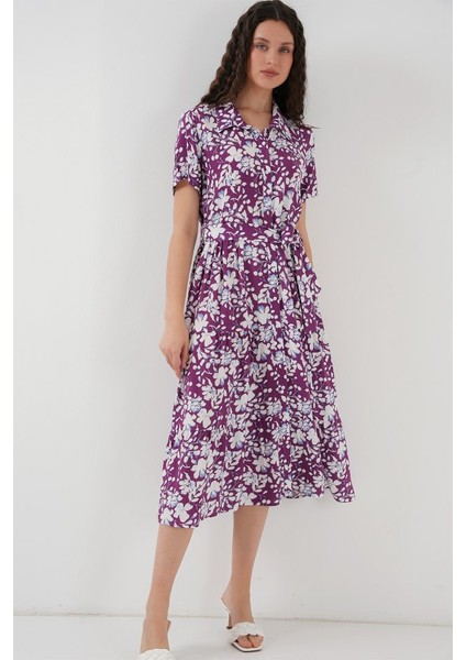 2191 Kısa Kol Desenli Elbise - Mor fiyatları