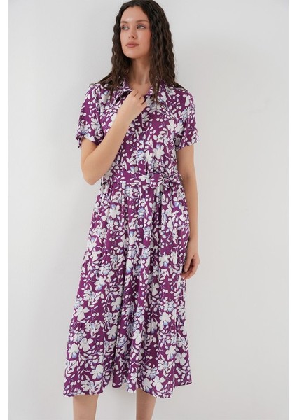 2191 Kısa Kol Desenli Elbise - Mor modelleri