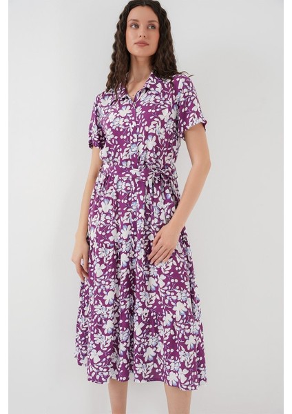 2191 Kısa Kol Desenli Elbise - Mor fırsatları