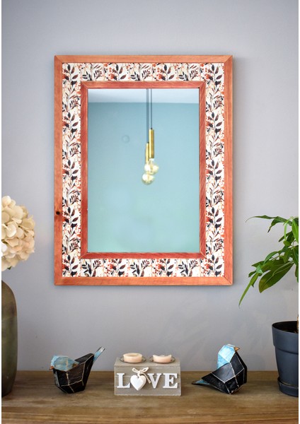 El Yapımı Masif Ahşap & Çiçek Desenli Mermer Duvar Aynası – 48X63 cm | Model: 010.1