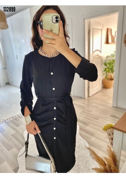 Kadın Uzun Kollu Önden Düğmeli Beli Kuşaklı Aerobin Midi Elbise fiyatları