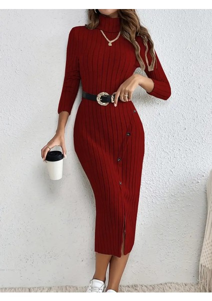 Kadın Uzun Kollu Balıkçı Yaka Yırtmaçlı Düğmeli Şardonlu Kaşkorse Elbise(Kemersiz)