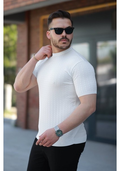 Erkek Bisiklet Yaka Örgü Desenli Kısa Örme Triko Kısa Kollu T-Shirt fiyatları