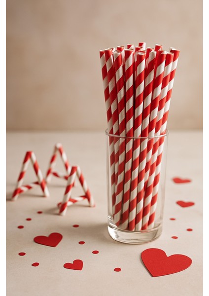 Kırmızı Çizgili Beyaz Kağıt Pipet 6MMX19, 7CM 50 Adet