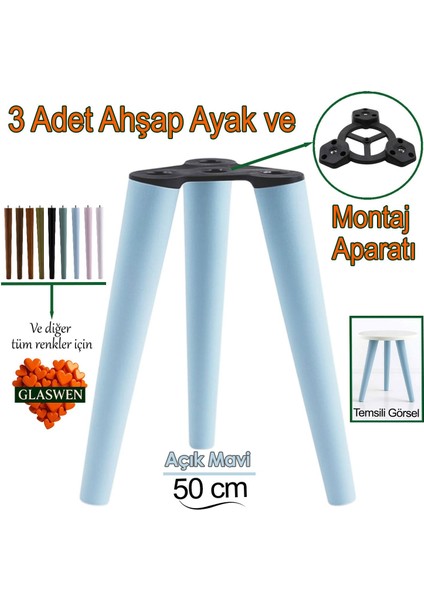 3 Adet Ahşap Ayak 50 cm Açık Mavi M8 Civatalı Bağlantı Aparatlı Mobilya Tabure Sehpa Masa Destek Ayağı