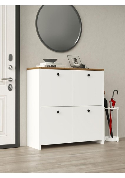 Kuzeylife Shiva Ayakkabılık 4 Kapaklı 4 Raflı Çok Amaçlı Dolap Beyaz-Safir Meşe