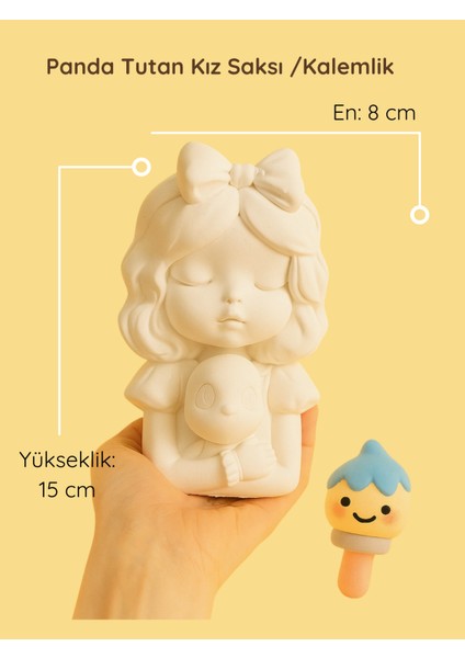 Panda Tutan Kız Seramik Biblo | Boyanabilir Saksı | Hobi & Dekorasyon Ürünü