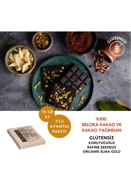 Vegan Glutensiz Antep Fıstıklı Artizan %70 Bitter Belçika Çikolatası 3X75 G