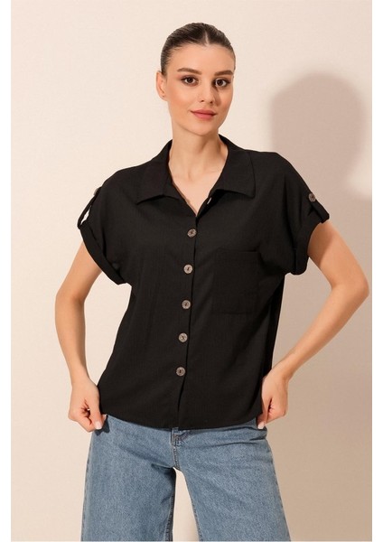 20187 Kısa Kol Oversize Örme Gömlek - Siyah fırsatları
