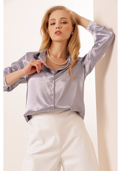 3964 Hafif Dökümlü Saten Gömlek - Lila