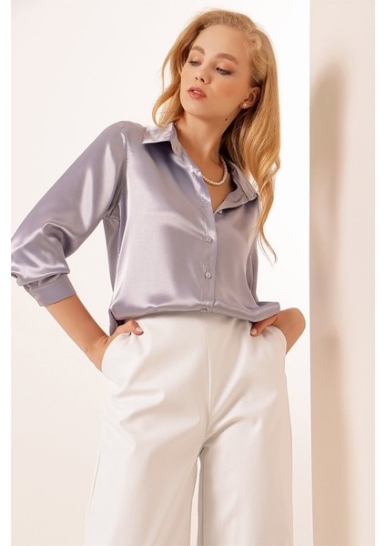 3964 Hafif Dökümlü Saten Gömlek - Lila fiyatları
