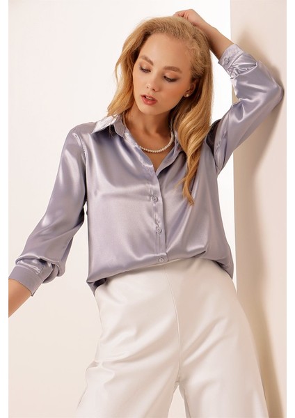 3964 Hafif Dökümlü Saten Gömlek - Lila fırsatları