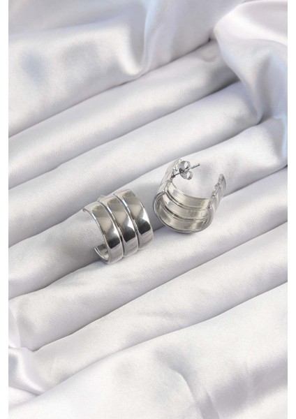 316L Çelik Gümüş Renk 3lü Görünüm Bombe Model Yarım Halka Küpe - TJ-BKP9490 fiyatları