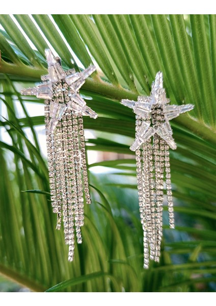 Gümüş Renk Zirkon Taşlı Lüks Abiye Küpe