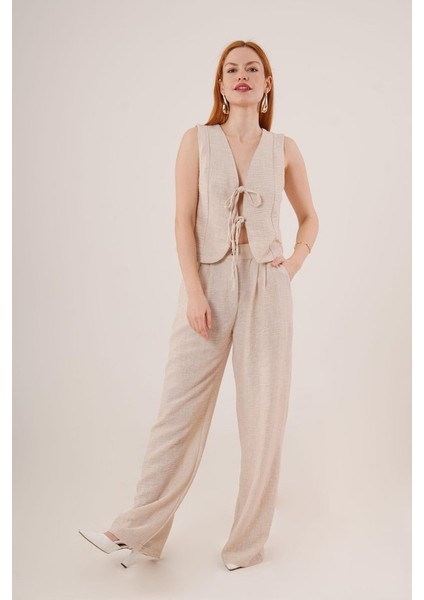 Ön Bağlama Detaylı Yelek ve Pantolon Taş Ikili Takım modelleri