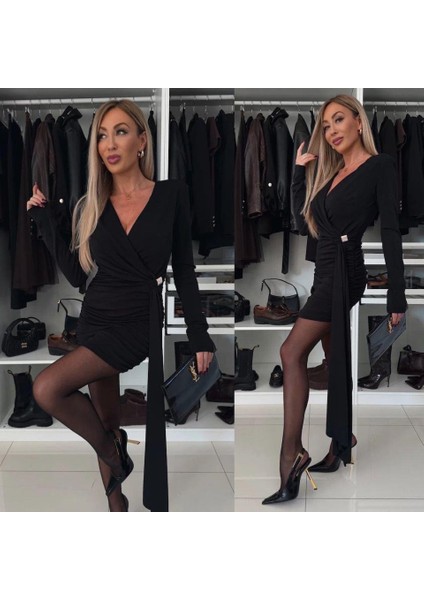 Kadın Uzun Kollu Toka ve Büzgü Detay Mini Elbise modelleri