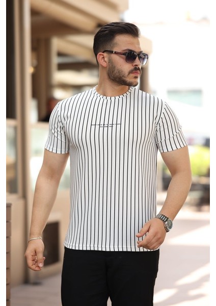 Erkek Dikey Çizgili Ottoman Kumaş Kısa Kollu T-Shirt