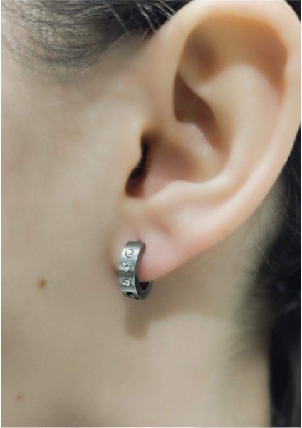 Gri Renk Gümüş Taşlı Çelik Küpe