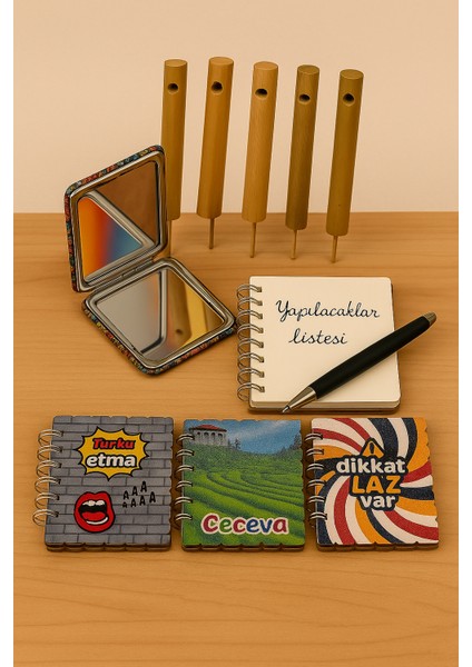 Karadeniz Temalı Hediyelik Set – Ahşap Not Defteri, Kuş Dili Düdüğü, Kompakt Ayna