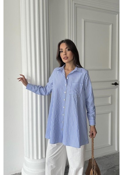 Mavi Çizgili Uzun Gömlek