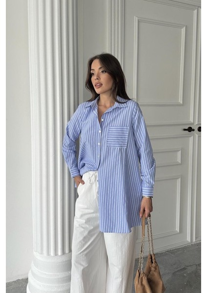 Mavi Çizgili Uzun Gömlek modelleri