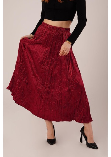 Midi Boy Pileli Saten Bordo Etek fiyatları