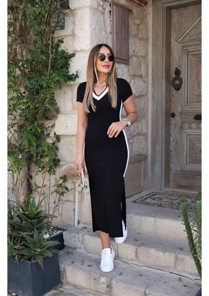 Kadın Kısa Kollu V Yakalı Yandan Şerit ve Yırtmaçlı Viskon Uzun Elbise