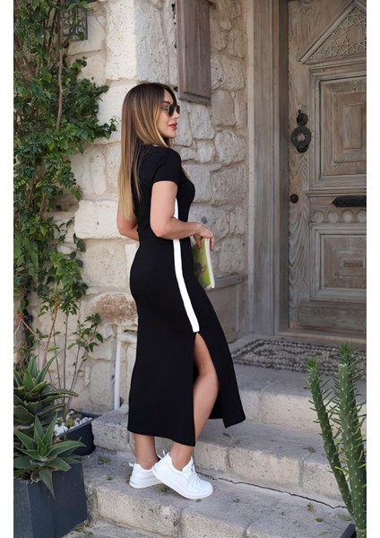 Kadın Kısa Kollu V Yakalı Yandan Şerit ve Yırtmaçlı Viskon Uzun Elbise modelleri