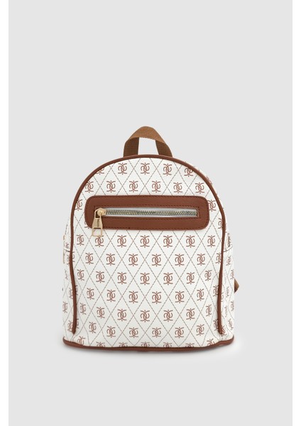 Synor Fermuarlı Dış Bölmeli Monogram Mini Sırt Çantası Beyaz