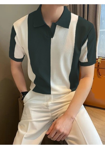 Erkek Kısa Kollu Polo Yakalı Blok Desenli Triko Bluz modelleri