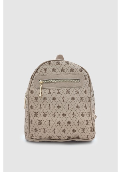 Synor Fermuarlı Dış Bölmeli Monogram Mini Sırt Çantası Vizon