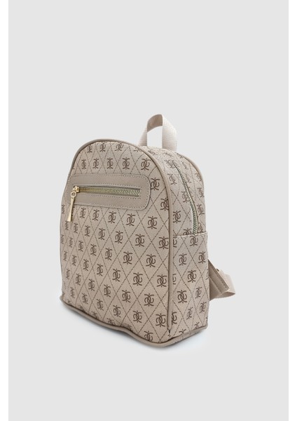 Synor Fermuarlı Dış Bölmeli Monogram Mini Sırt Çantası Vizon modelleri