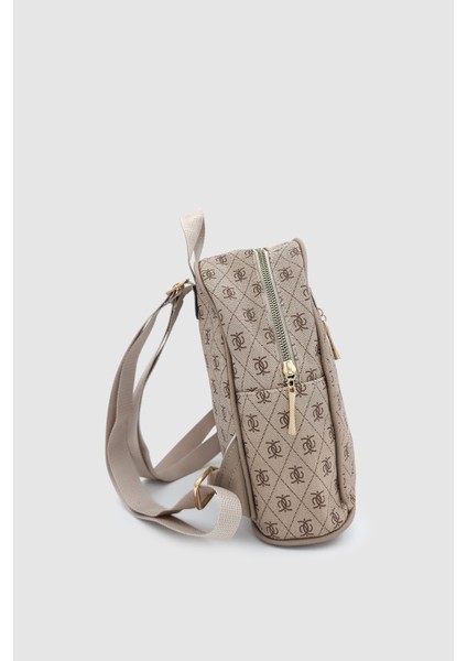 Synor Fermuarlı Dış Bölmeli Monogram Mini Sırt Çantası Vizon indirimleri